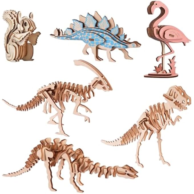6 WOODEN DINOSAUR PUZZLES WITH ANIMALS, 3D DINOSAUR PUZZLES, CREATIVE DINOSAUR PUZZLES, EDUCATIONAL TOYS FOR CHILDREN, WOODEN ARTISTIC PUZZLES - Image 1